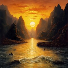 River in the middle of rocks and mountains, sunset on the lake, sunset in the mountains, sunscape with mountains and rivers, generated by AI