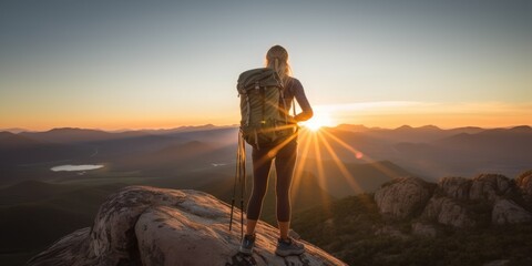 Hiker stands at the summit of a difficult mountain climb to be greeted with a beautiful view of the sunrise.