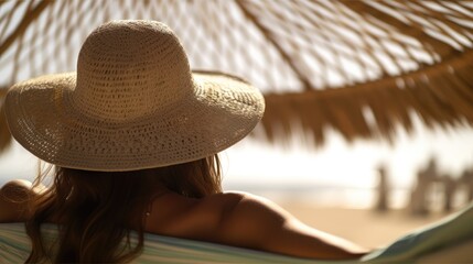 Close up a woman relaxes and enjoys the sun on vacation at the beach in a wicker hammock.