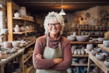 Portrait of smiling mature woman standing with arms crossed in pottery workshop