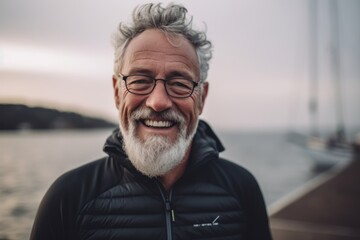 Portrait of happy senior man in eyeglasses looking at camera and smiling while standing on pier
