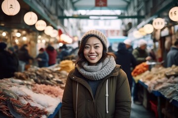Fototapeta premium Portrait of a smiling Asian woman looking at the camera while standing in the market