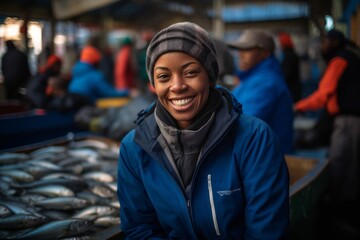 Naklejka premium Portrait of smiling african-american woman in fish market