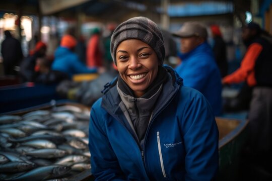Portrait of smiling african-american woman in fish market