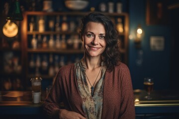 Portrait of smiling woman sitting at bar counter and looking at camera