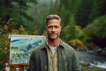 Portrait of a handsome young man artist with a beard and mustache in a green jacket standing on the background of a mountain river.