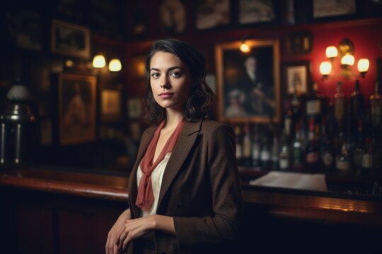 Medium shot portrait photography of a satisfied woman in her 30s that is wearing a classic blazer against an atmospheric speakeasy bar with vintage decor background . Generative AI