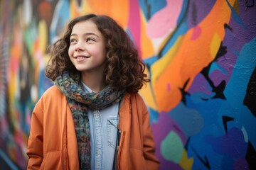 Portrait of a smiling little girl in an orange coat and scarf against graffiti wall