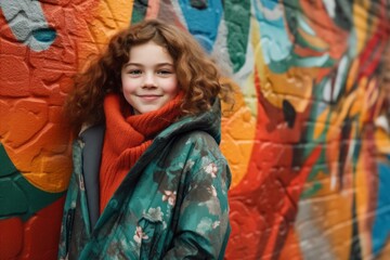 Beautiful red-haired girl with freckles on her face in a colorful scarf and coat against the background of a graffiti wall