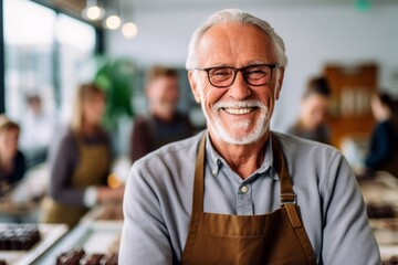 Portrait of senior man in apron smiling while standing in cafe