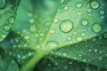 Fresh beautiful drops of transparent rain water on a green leaf macro. Drops of dew in the morning...