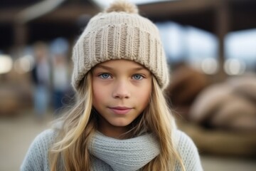 Portrait of a cute little girl wearing a knitted hat and scarf
