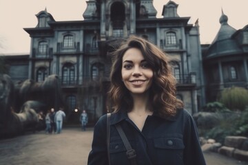 Portrait of a beautiful young woman in front of an old castle