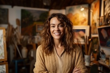 Portrait of a smiling female artist standing with her arms crossed in art studio