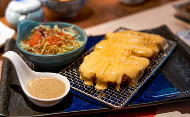 A delicious cheese fried steak in Japanese restaurant