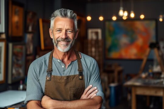 Medium shot portrait photography of a pleased man in his 50s that is wearing a chic cardigan against a quiet painting studio with artists creating masterpieces background . Generative AI