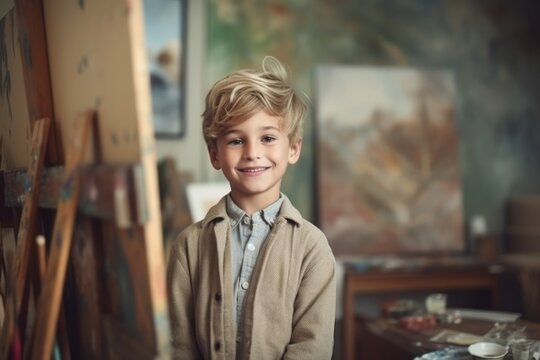 Portrait of smiling boy looking at camera while standing in art studio