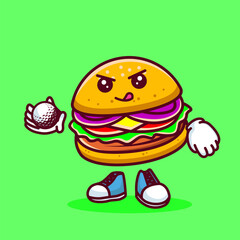 Vector illustration of kawaii burger cartoon character with stick golf and ball. Vector eps 10
