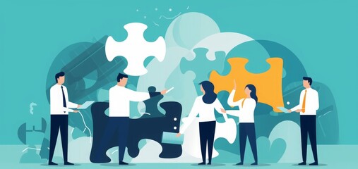 The Team. The parts form a whole. Project - idea, advertising, human resources and accounting. Workers hold puzzle elements parts of the project. Generative AI