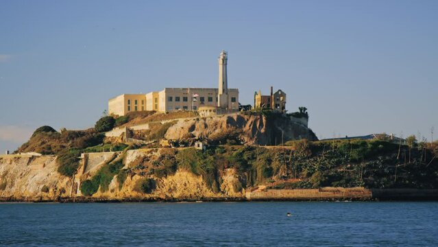 Alcatraz Cellhouse, lighthouse, parade ground, yard, Warden's house from south