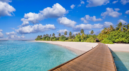 Amazing panorama at Maldives. Luxury resort villas pier seascape with palm trees, white sand blue...