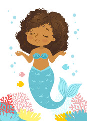 Vector illustration of Beautiful Girl Mermaid african american ethnicity