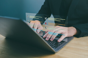 Concept checklist online survey business Efficient document form project management, evaluation, auditing, quality control standards check mark isocertified symbol commercial warranty