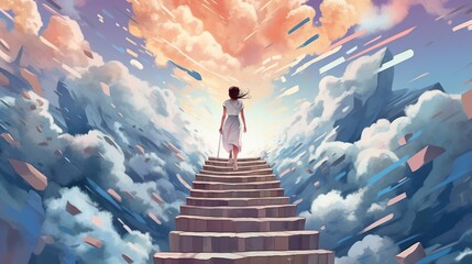 a young woman standing at the base of shattered stairs that spiral upward into the vast sky. Symbolizing the journey of overcoming obstacles and pursuing aspirations