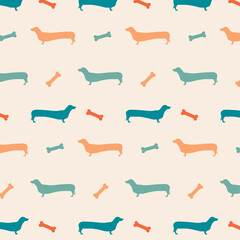 Simple vector seamless pattern with dachshund 
 dog silhouette vector illustration, flat design with dogs on background