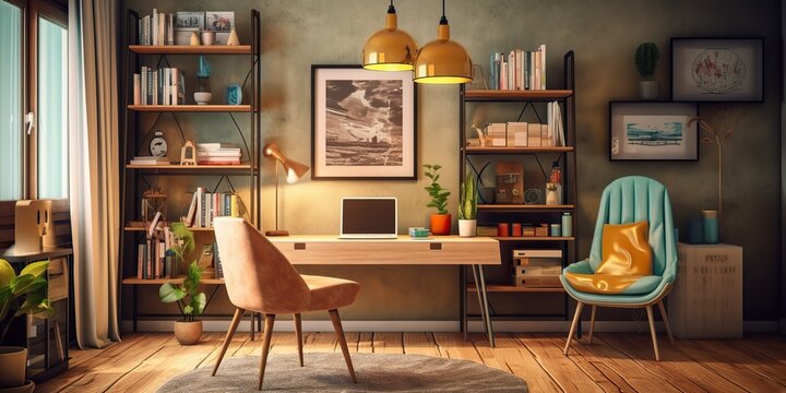 AI Generated. AI Generative. Vintage retro style cozy artist home room office table. Creation inspirational space. Graphic Art