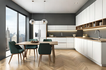 Interior design of modern and minimalist kitchen space with bar stools, and wooden cabinets that features luxury, clean lines, bold contrast, and sleek finishes for a contemporary feel | Generative AI