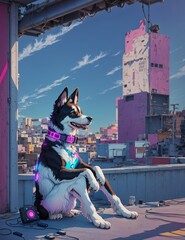 A dog with neon lights listening music