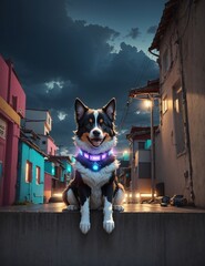 A dog with neon lights listening music on the roof
