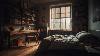 Comfortable bed, wooden desk and shelves near window in bedroom. Interior design. 