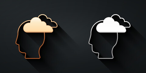 Gold and silver Man having headache, migraine icon isolated on black background. Long shadow style. Vector