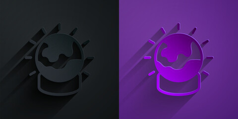 Paper cut Magic ball icon isolated on black on purple background. Crystal ball. Paper art style. Vector