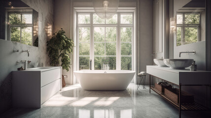 Fototapeta na wymiar Contemporary bathroom design, high-end designer bathroom with freestanding tub, natural light and white marble. 