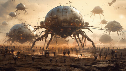 Fototapeta na wymiar alien vs. humanity war as an futuristic concept created with Generative AI technology