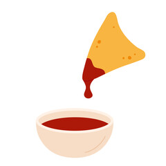Nachos with salsa sauce. Traditional Mexican food. Corn tortilla chips with tomato sauce or ketchup. Flat vector illustration isolated on white background.