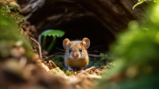 Macro image of a cute mouse in the forest, generative AI
