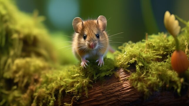 Macro image of a cute mouse in the forest, generative AI