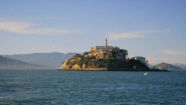 Wide of Alcatraz Island in San Francisco Bay on clear afternoon from south