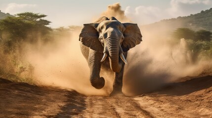 An angry elephant is running towards the camera, generative AI