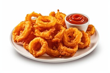 Delicious Plate of Onion Rings Isolated on a White Background. Generative AI
