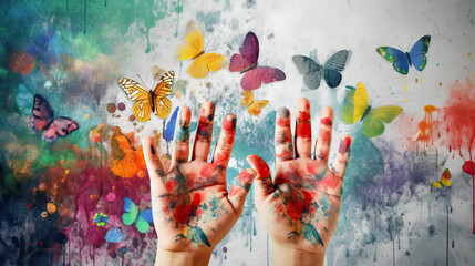 colorful painted hands in front of a decorated butterfly flower wall - Powered by Adobe