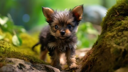 Close up image of a yorkshire terrier puppy in the forest, generative AI