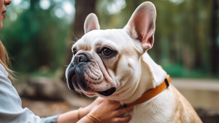 Fototapeta premium Closeup side view smiling portrait of French Bulldog