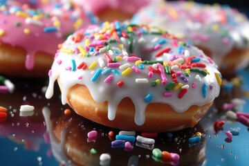 Fototapeta na wymiar Close up of a doughnut sprinkled with frosting and colorful candy bits. Generative AI