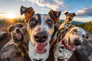 A group of dogs taking a selfie on a blurred background. Generative AI - obrazy, fototapety, plakaty