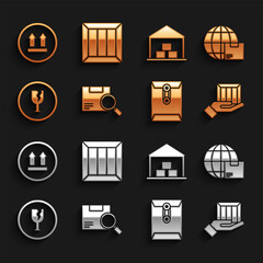 Set Search package, Worldwide shipping and box, Delivery hand with boxes, Envelope, Fragile broken glass, Warehouse, This side up and Wooden icon. Vector